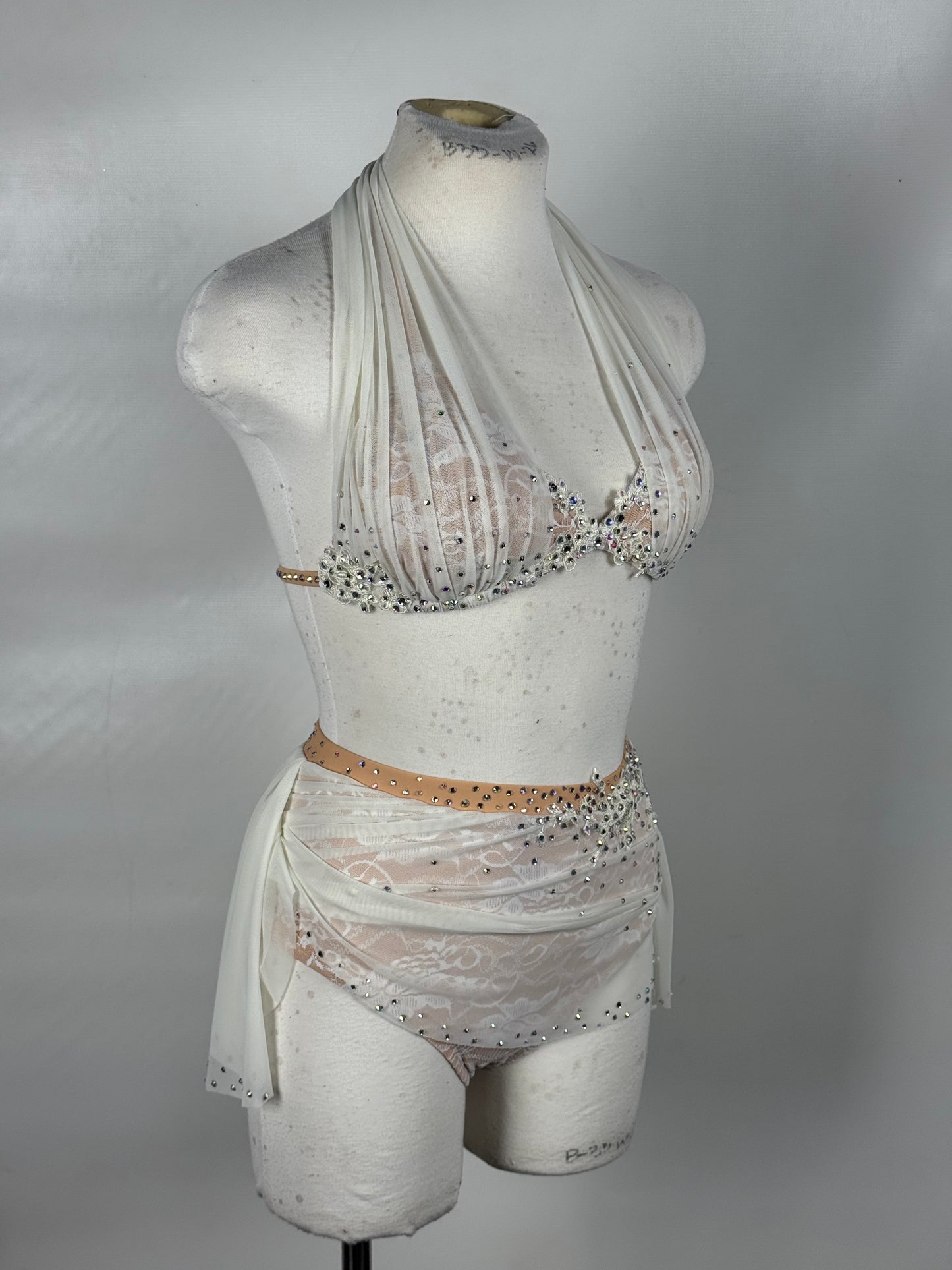 White Two-Piece Lyrical Dance Costume, Rhinestoned Appliqués, Adult X-Small/Small