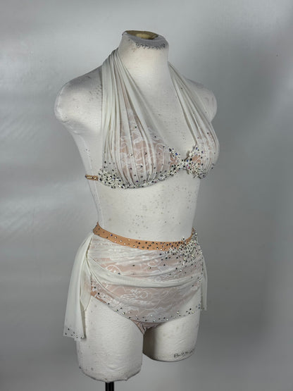 White Two-Piece Lyrical Dance Costume, Rhinestoned Appliqués, Adult X-Small/Small