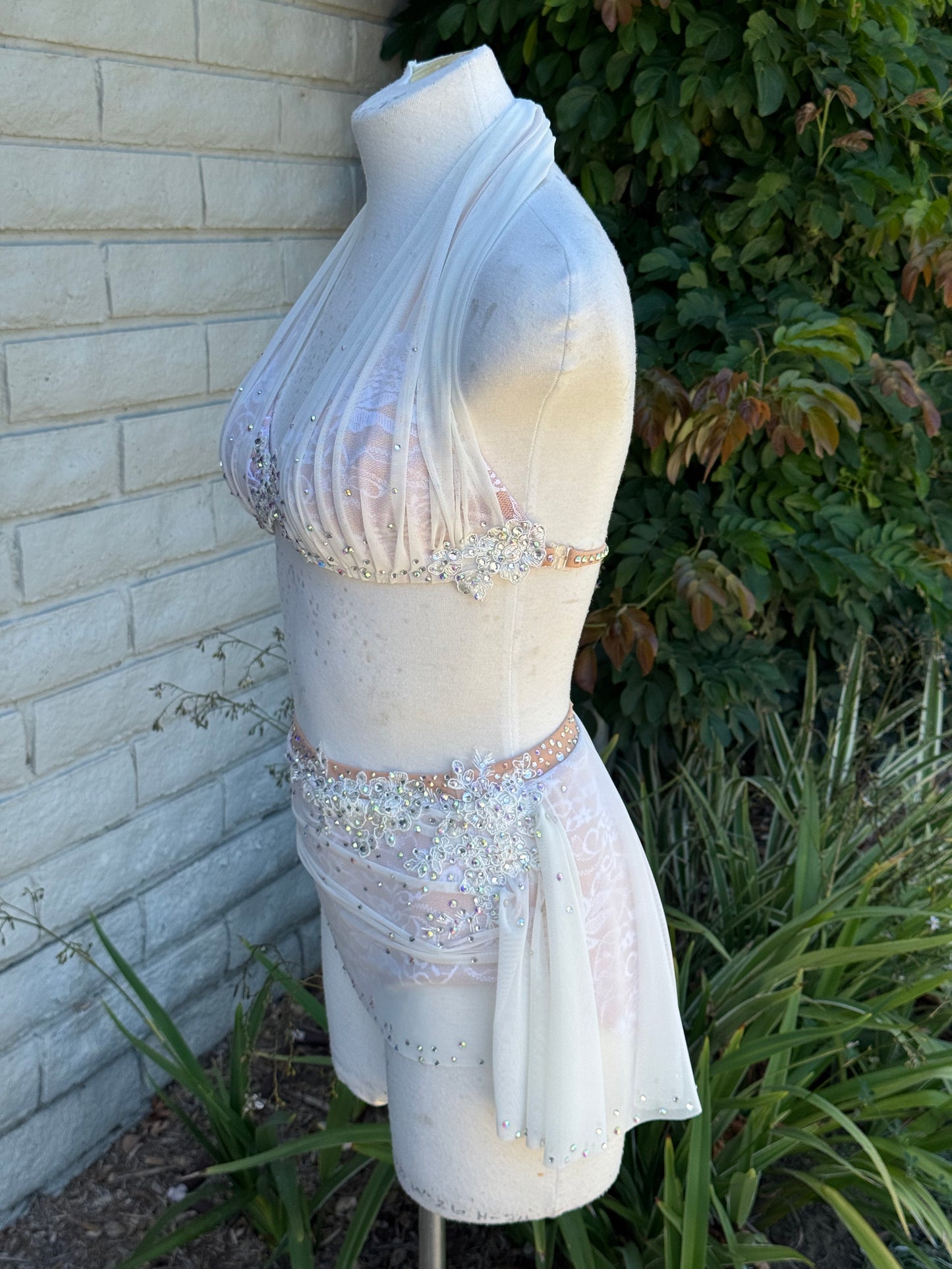 White Two-Piece Lyrical Dance Costume, Rhinestoned Appliqués, Adult X-Small/Small