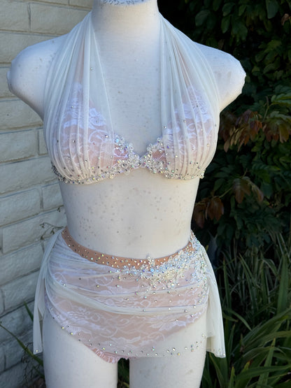 White Two-Piece Lyrical Dance Costume, Rhinestoned Appliqués, Adult X-Small/Small
