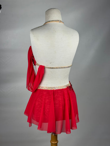Red/Nude Lace Two-Piece Lyrical Dance Costume, Adult Small