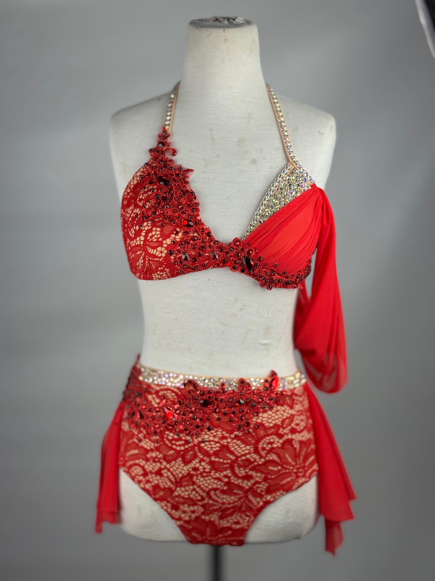 Red/Nude Lace Two-Piece Lyrical Dance Costume, Adult Small