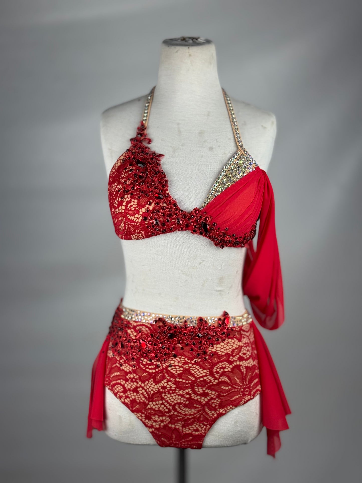 Red/Nude Lace Two-Piece Lyrical Dance Costume, Adult Small