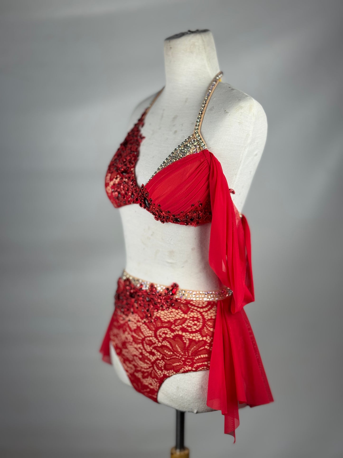 Red/Nude Lace Two-Piece Lyrical Dance Costume, Adult Small