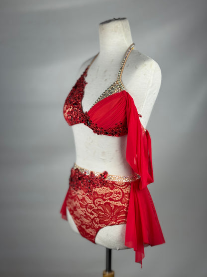 Red/Nude Lace Two-Piece Lyrical Dance Costume, Adult Small