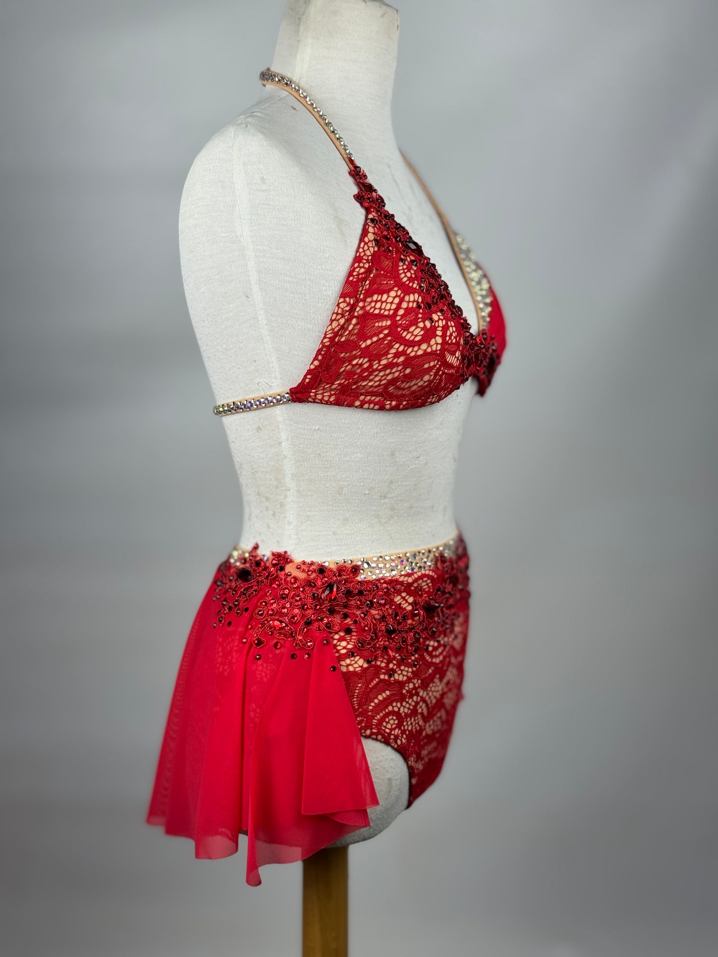 Red/Nude Lace Two-Piece Lyrical Dance Costume, Adult Small