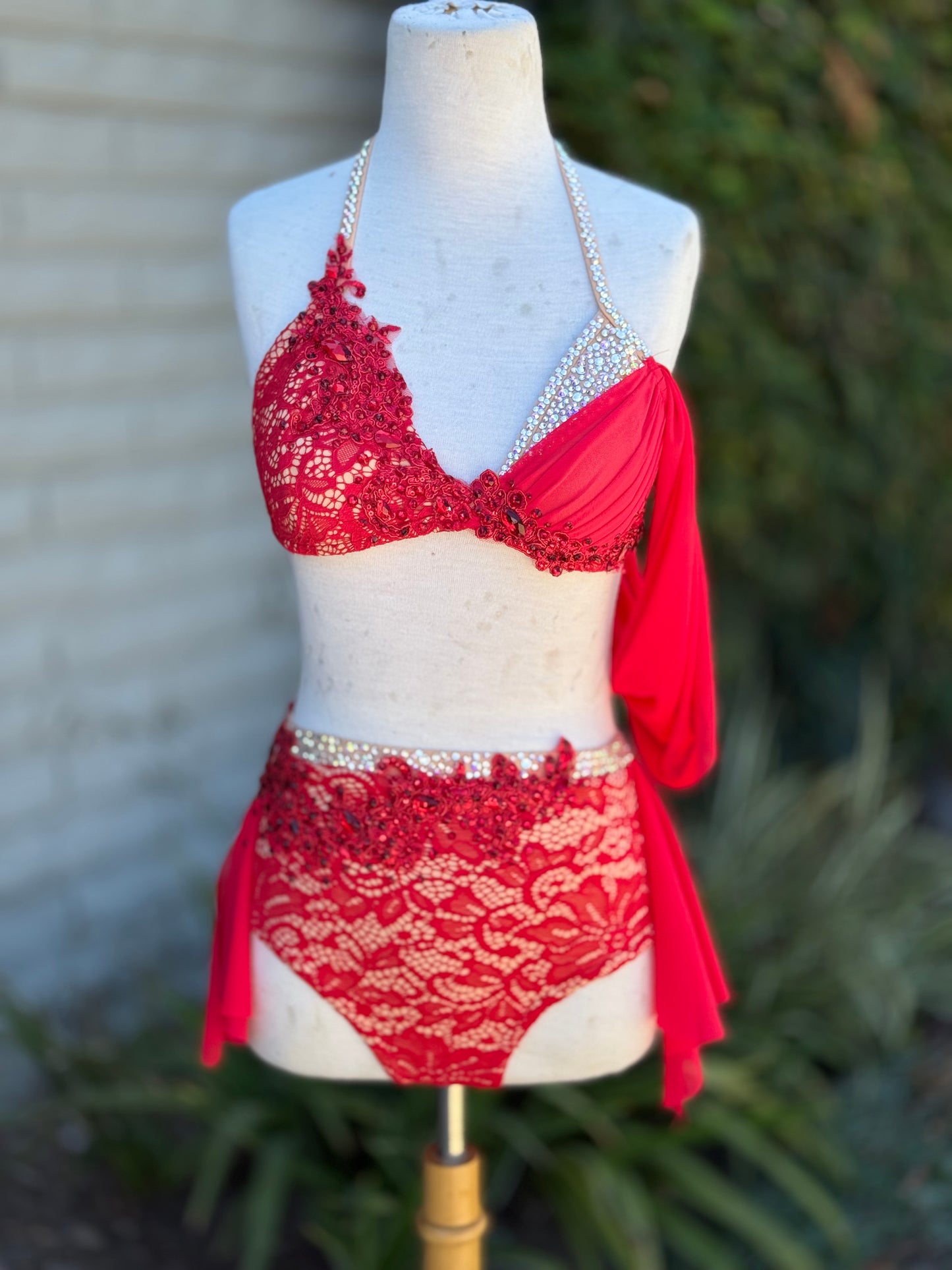 Red/Nude Lace Two-Piece Lyrical Dance Costume, Adult Small