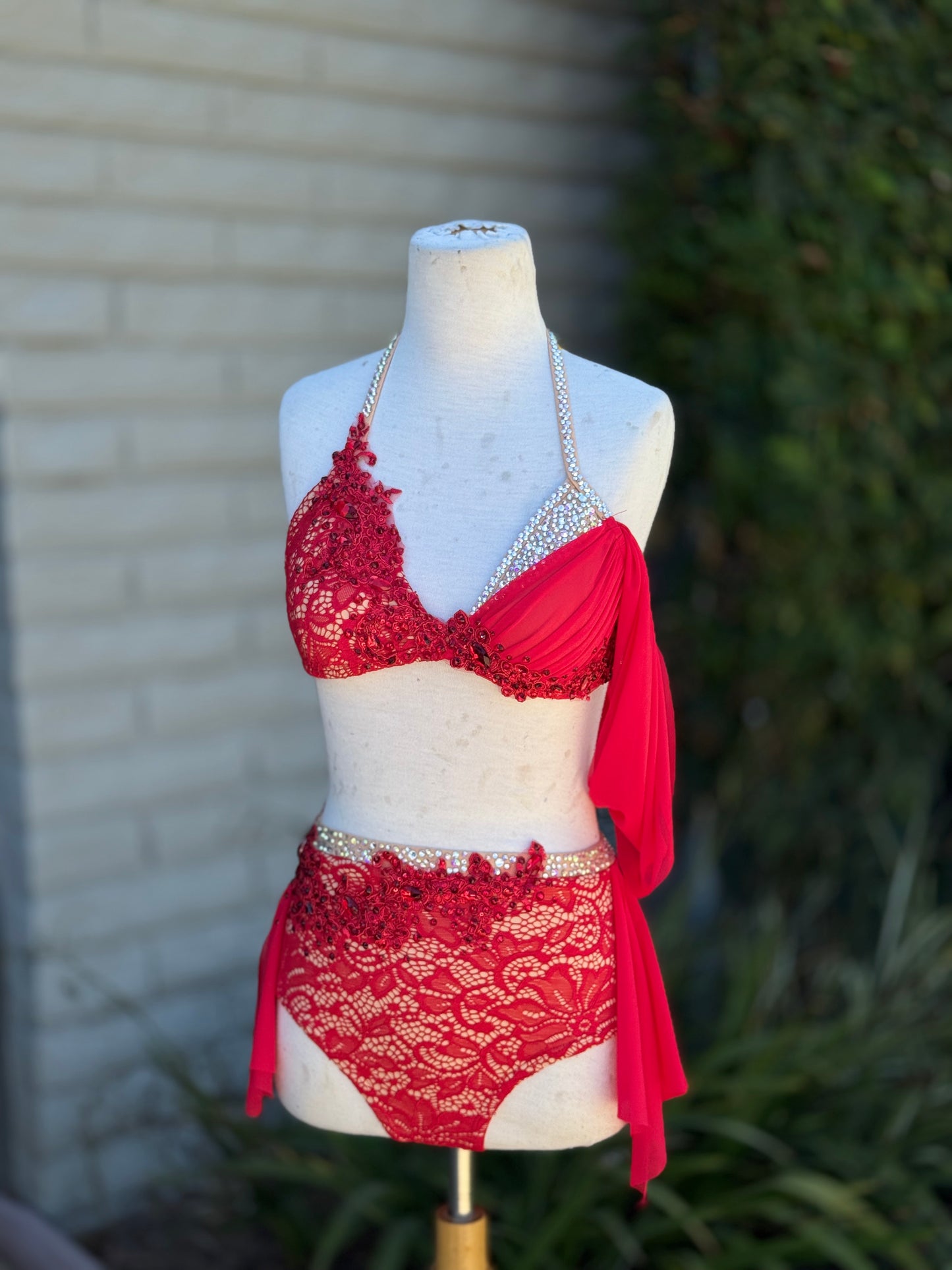 Red/Nude Lace Two-Piece Lyrical Dance Costume, Adult Small