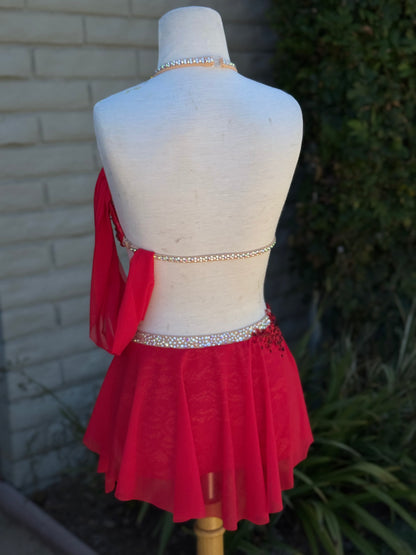 Red/Nude Lace Two-Piece Lyrical Dance Costume, Adult Small