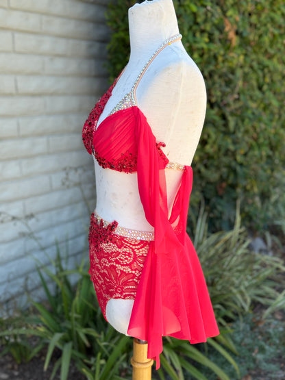 Red/Nude Lace Two-Piece Lyrical Dance Costume, Adult Small