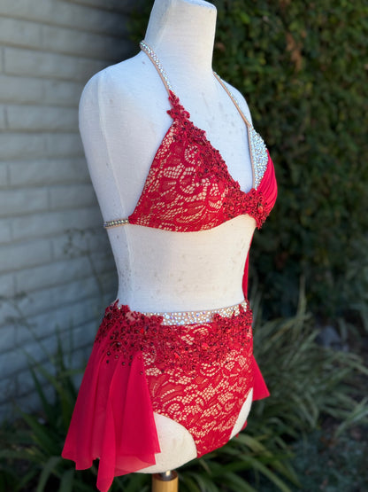 Red/Nude Lace Two-Piece Lyrical Dance Costume, Adult Small