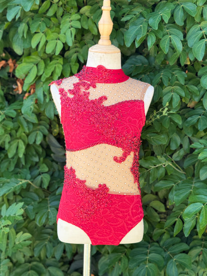 Red/Nude One-Piece with Rhinestoned Appliqués, Size Child Small
