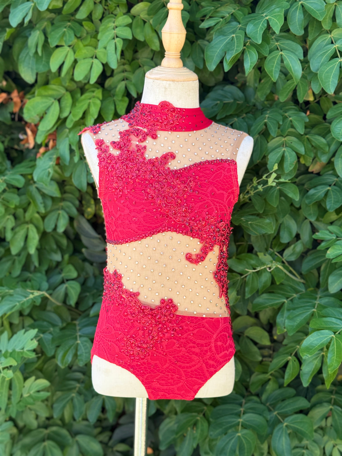 Red/Nude One-Piece with Rhinestoned Appliqués, Size Child Small