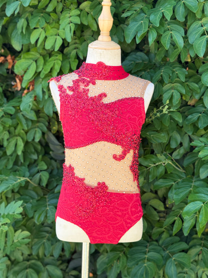 Red/Nude One-Piece with Rhinestoned Appliqués, Size Child Small