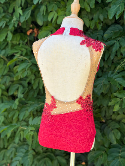 Red/Nude One-Piece with Rhinestoned Appliqués, Size Child Small