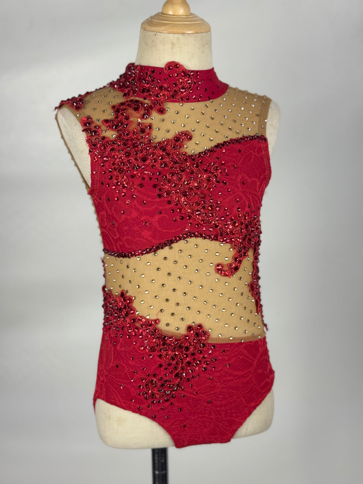 Red/Nude One-Piece with Rhinestoned Appliqués, Size Child Small