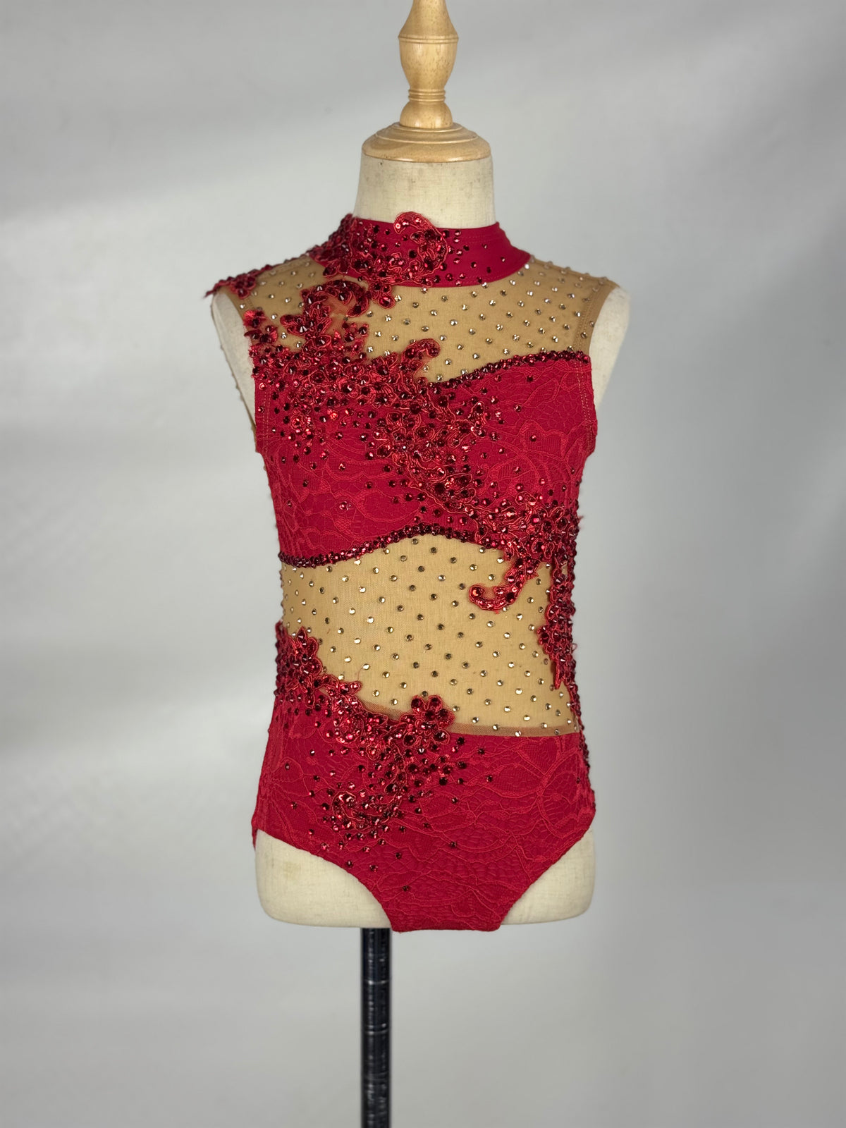Red/Nude One-Piece with Rhinestoned Appliqués, Size Child Small
