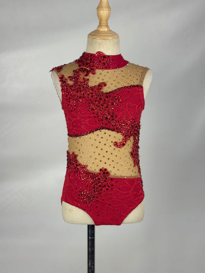 Red/Nude One-Piece with Rhinestoned Appliqués, Size Child Small