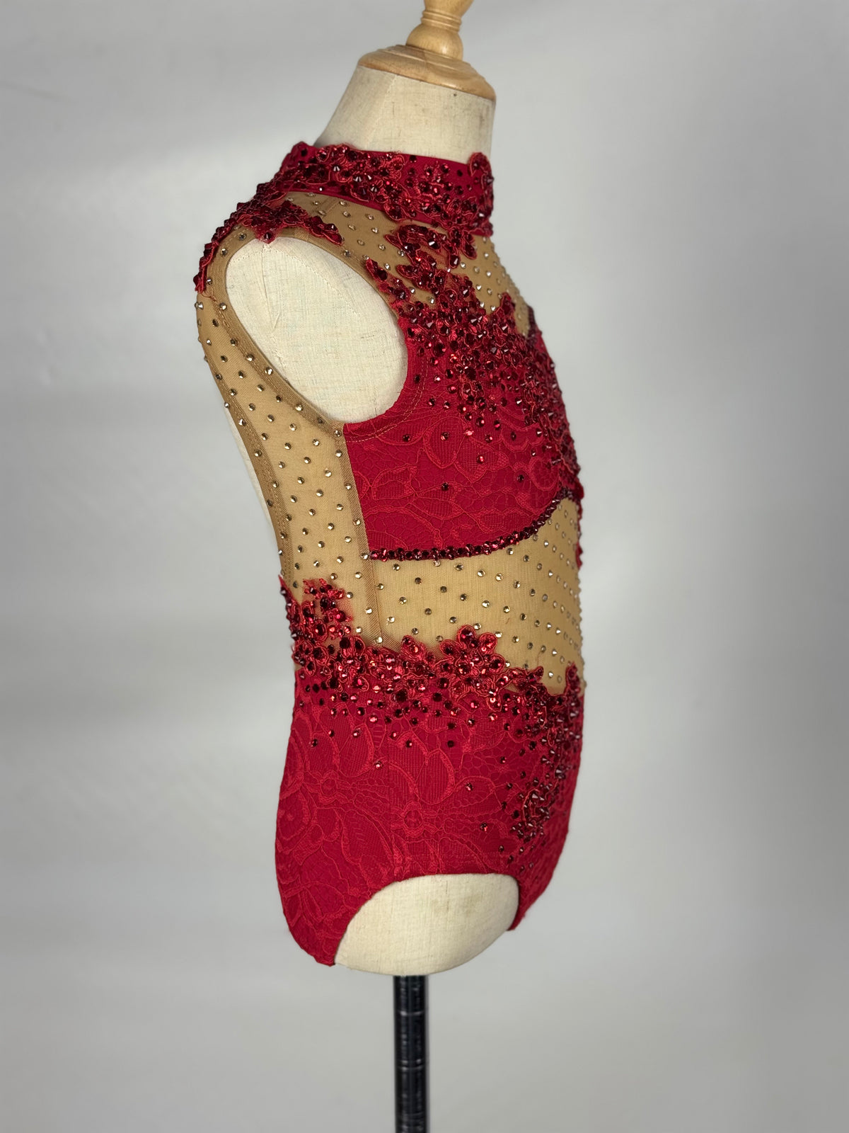 Red/Nude One-Piece with Rhinestoned Appliqués, Size Child Small
