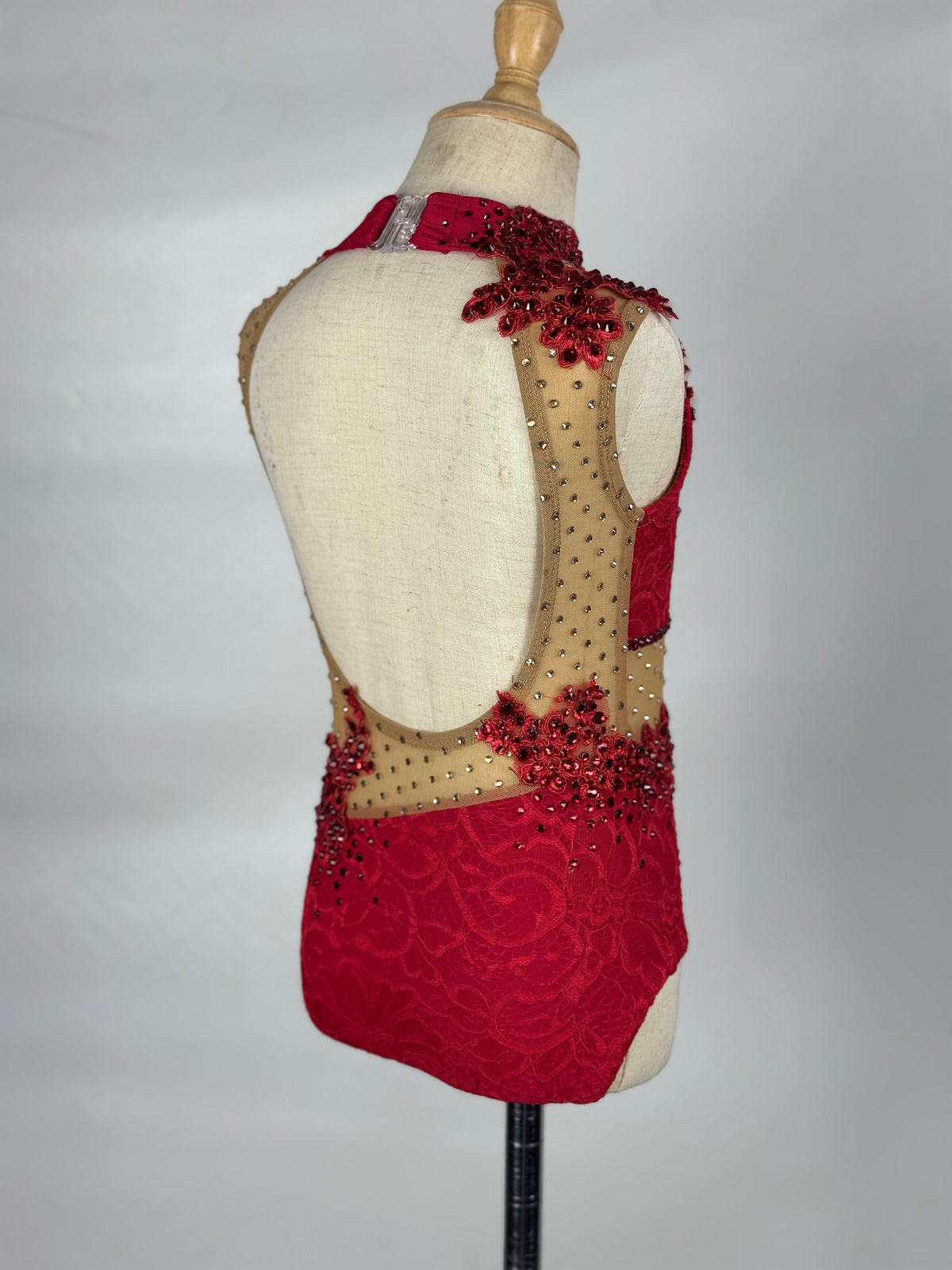 Red/Nude One-Piece with Rhinestoned Appliqués, Size Child Small