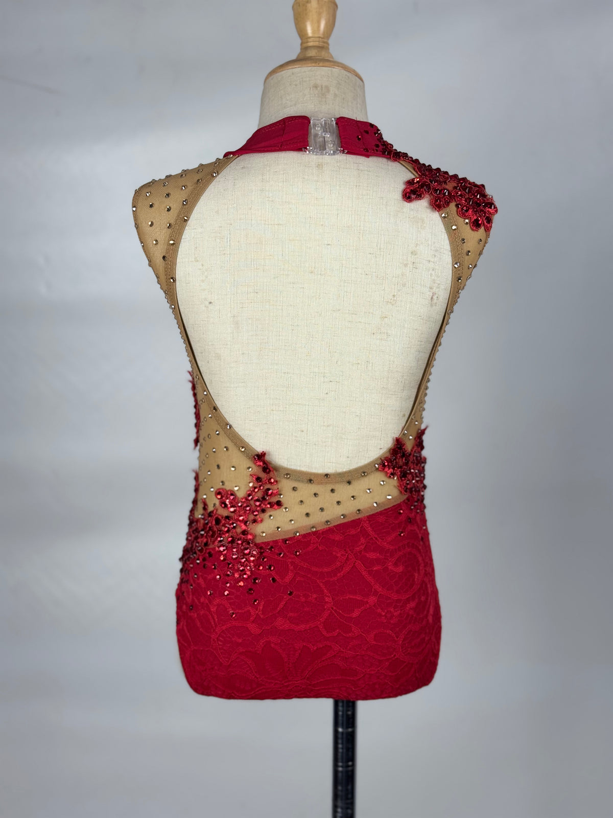 Red/Nude One-Piece with Rhinestoned Appliqués, Size Child Small