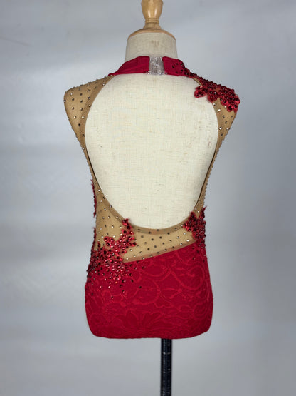Red/Nude One-Piece with Rhinestoned Appliqués, Size Child Small
