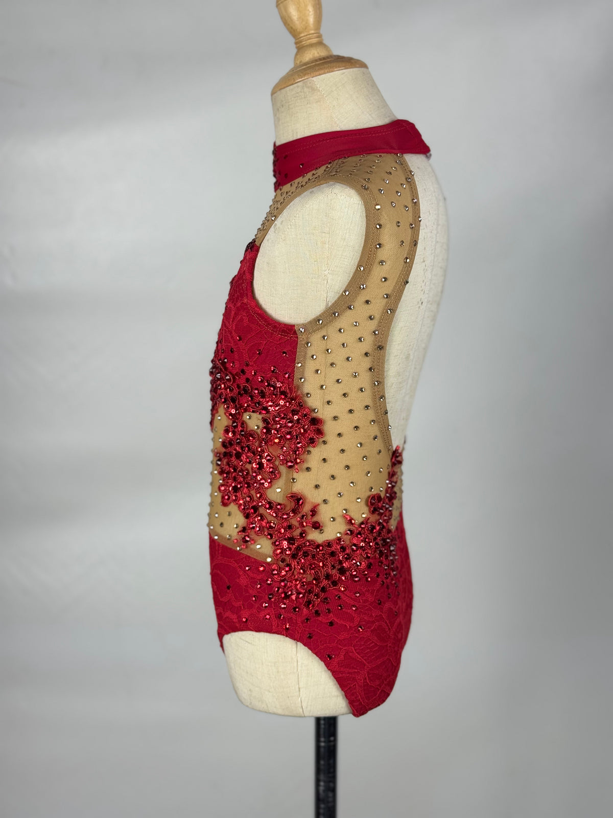 Red/Nude One-Piece with Rhinestoned Appliqués, Size Child Small