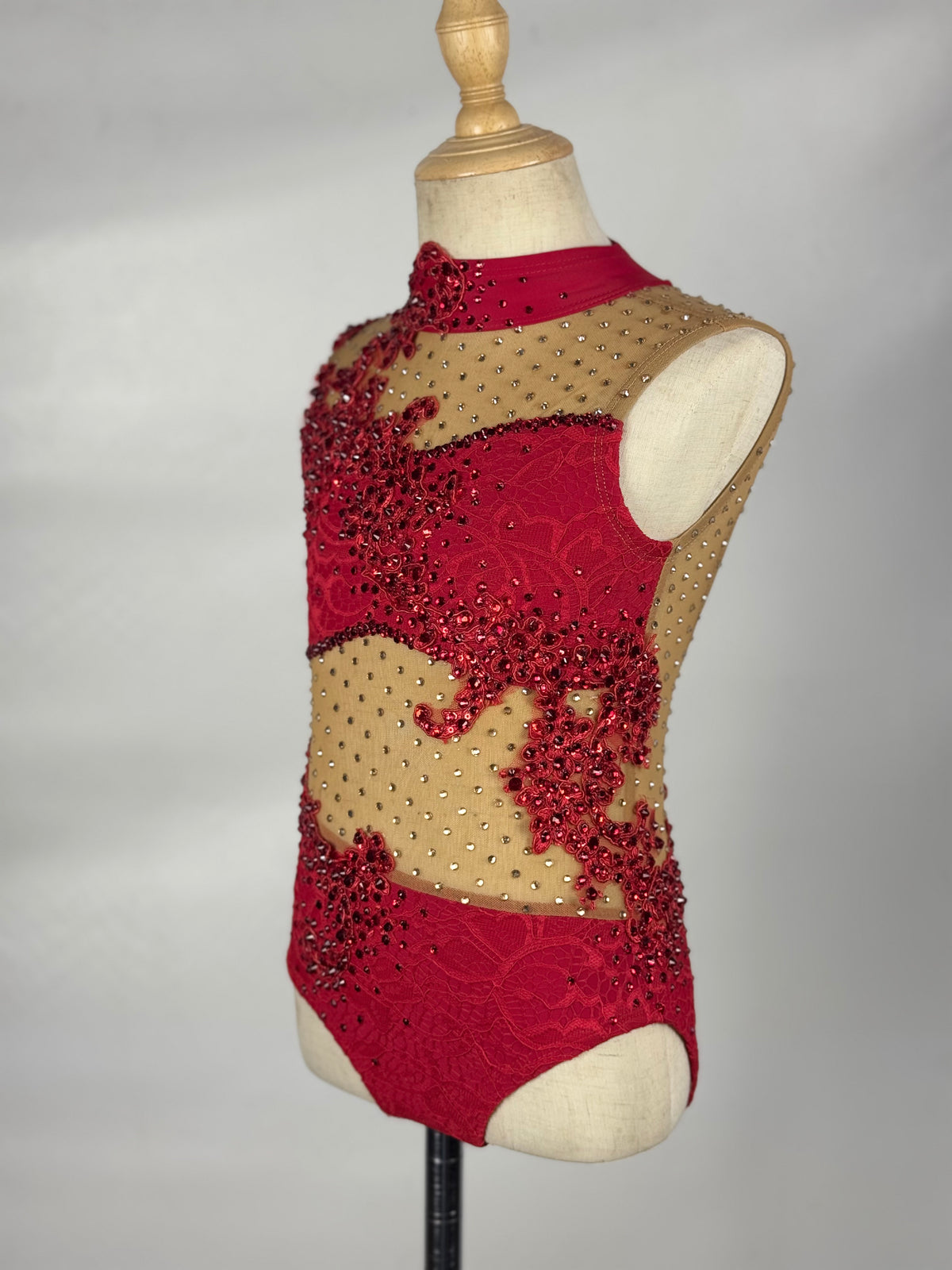 Red/Nude One-Piece with Rhinestoned Appliqués, Size Child Small