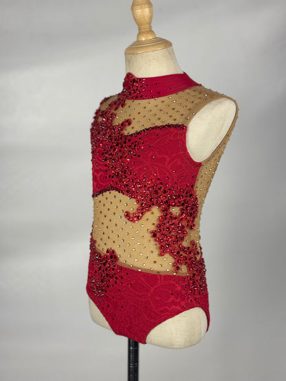 Red/Nude One-Piece with Rhinestoned Appliqués, Size Child Small