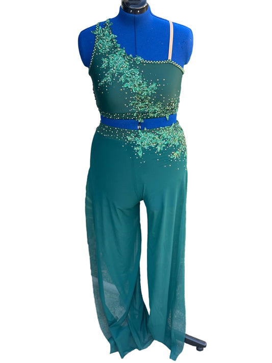 Green dance costume on a mannequin against a white background