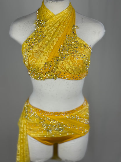 Yellow Lace Lyrical Dance Costume, Adult Small