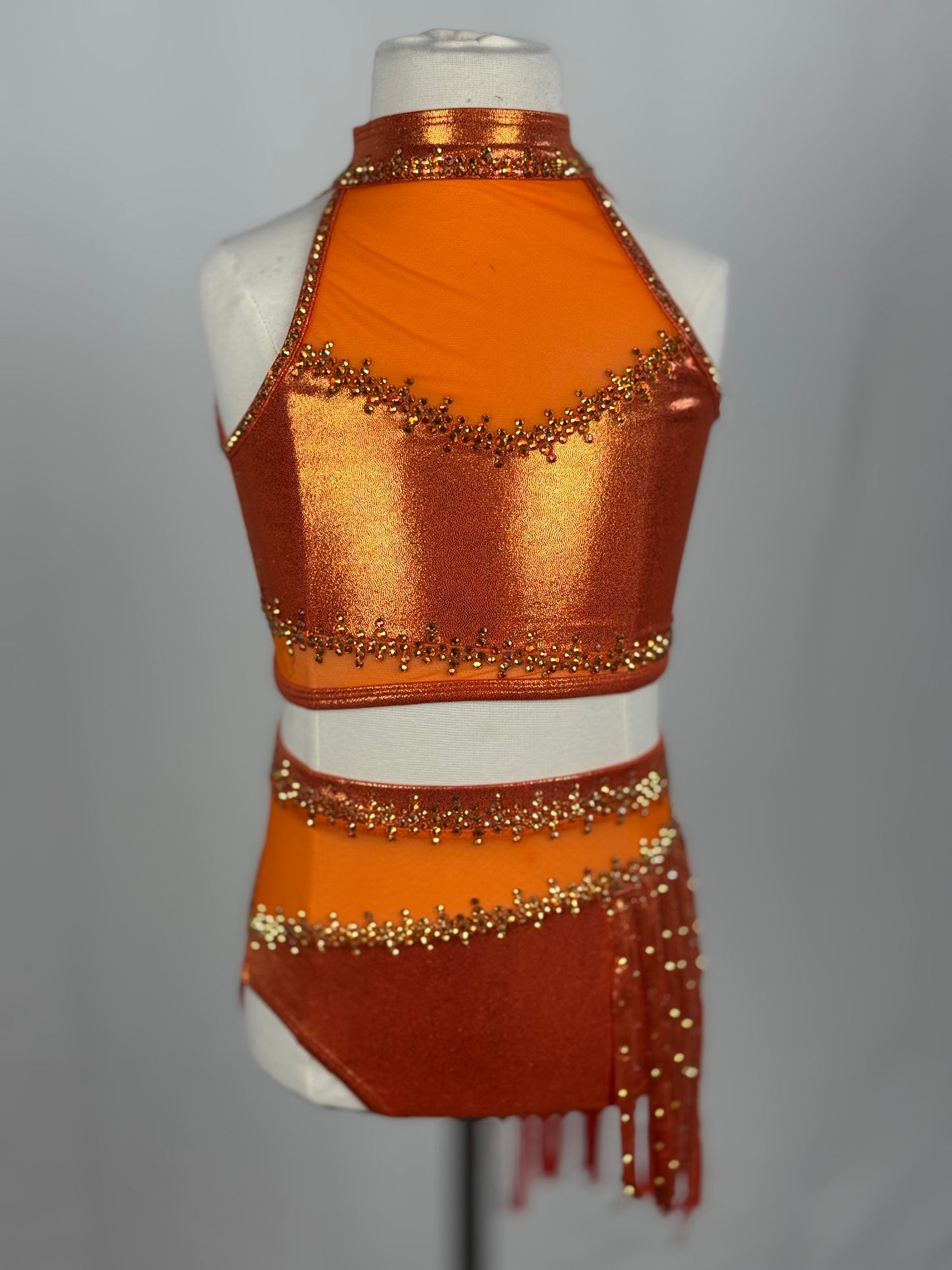 Orange Metallic Fringe Jazz Dance Costume, Child Small/Medium