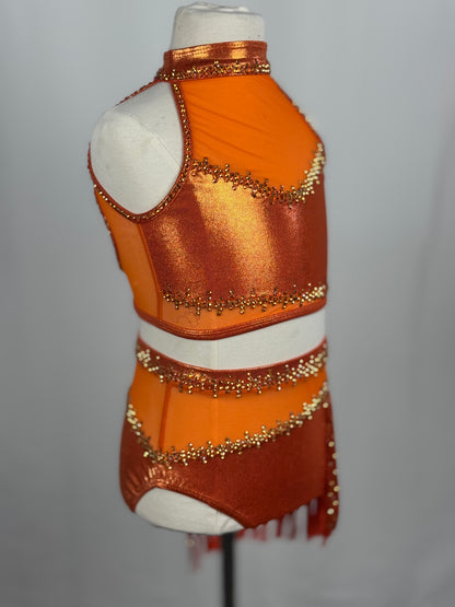 Orange Metallic Fringe Jazz Dance Costume, Child Small/Medium