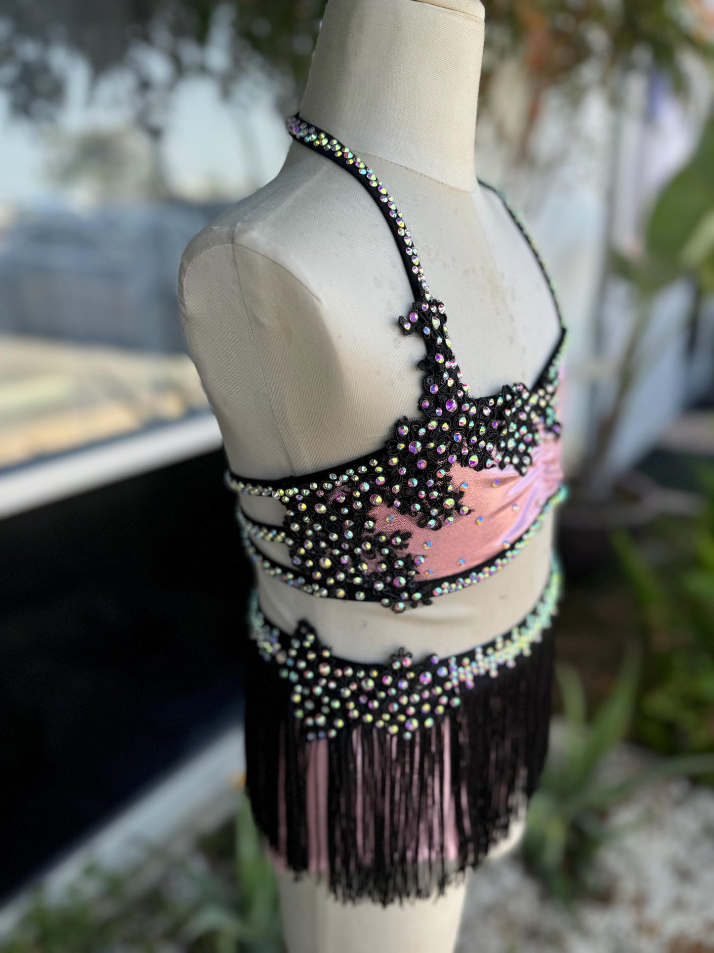 READY-TO-SHIP // Child Small // Pink & Black Metallic Fringe Jazz Costume
