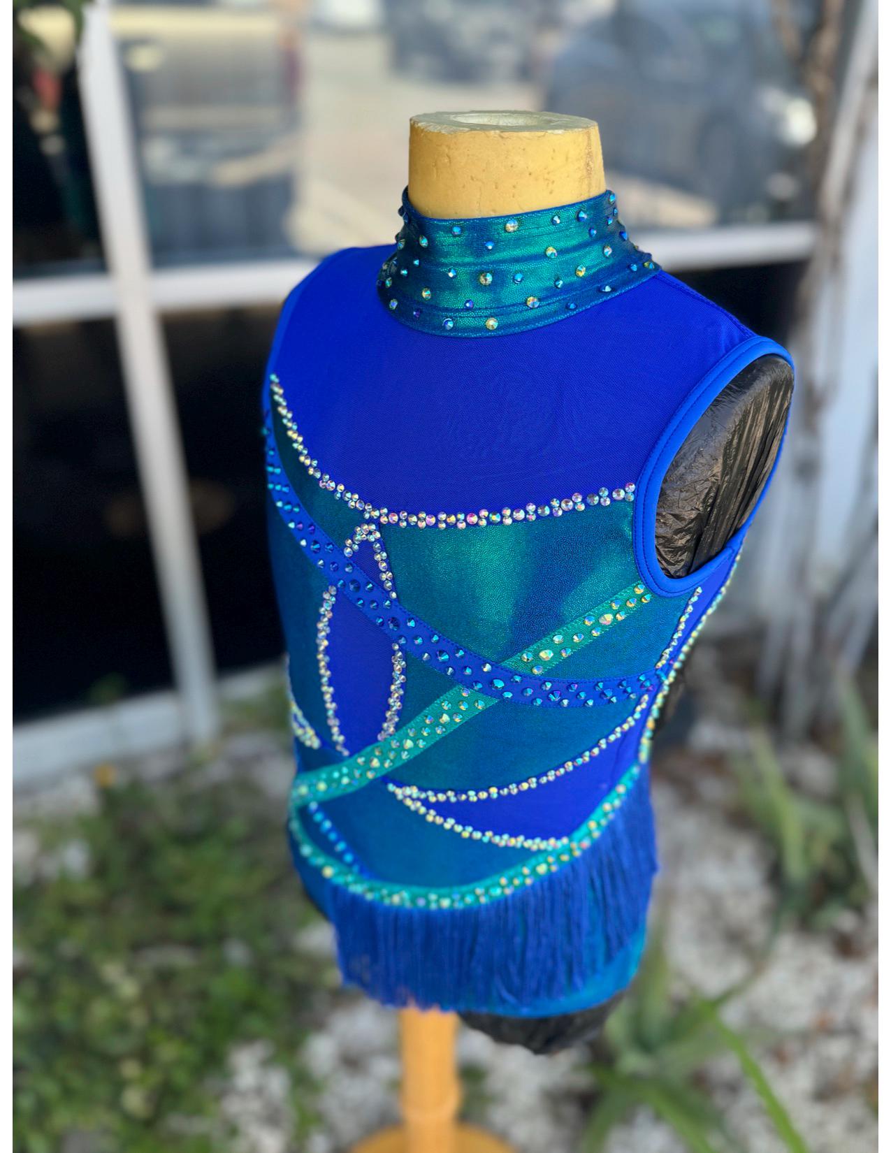 READY-TO-SHIP // Child Medium // Blue and Teal Metallic Fringe Jazz Costume
