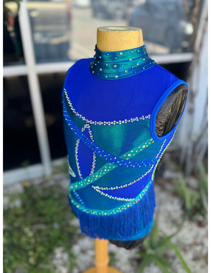 READY-TO-SHIP // Child Medium // Blue and Teal Metallic Fringe Jazz Costume