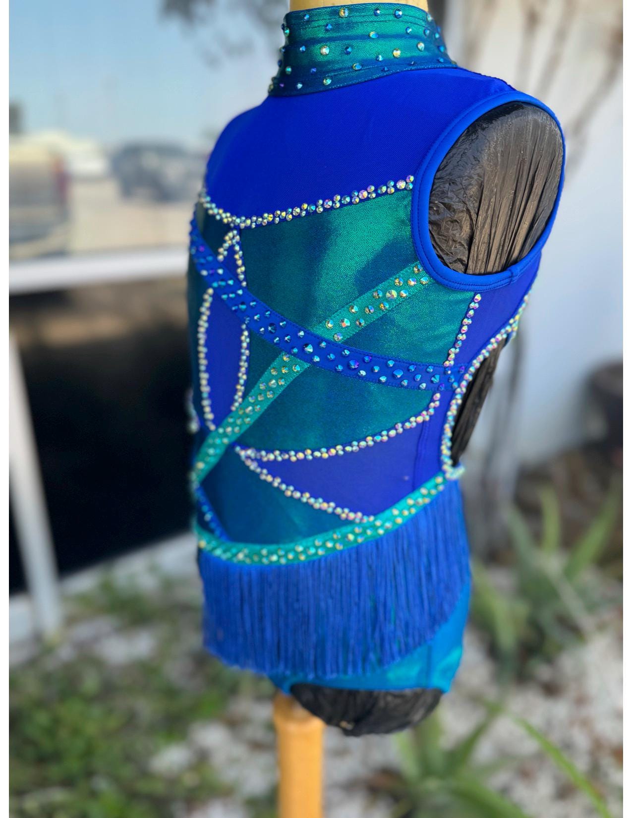 READY-TO-SHIP // Child Medium // Blue and Teal Metallic Fringe Jazz Costume