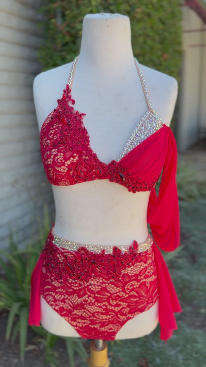 Red/Nude Lace Two-Piece Lyrical Dance Costume, Adult Small