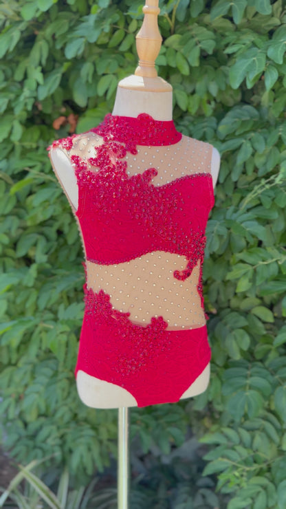 Red/Nude One-Piece with Rhinestoned Appliqués, Size Child Small