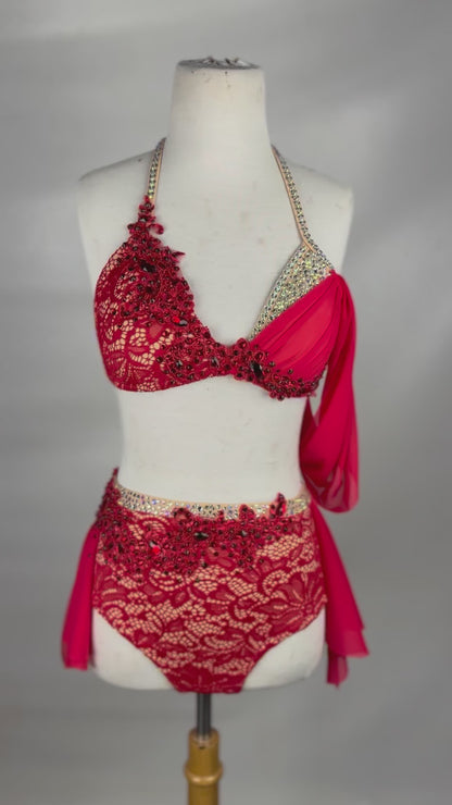 Red/Nude Lace Two-Piece Lyrical Dance Costume, Adult Small