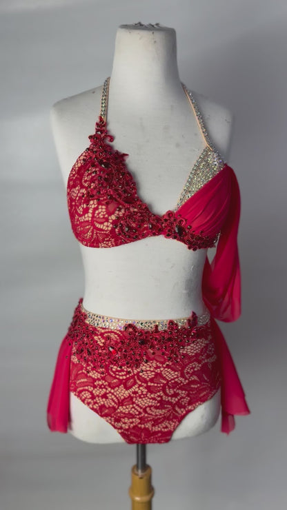 Red/Nude Lace Two-Piece Lyrical Dance Costume, Adult Small
